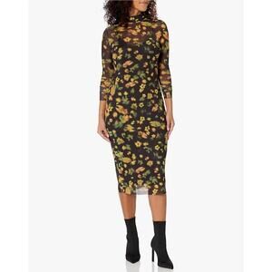 Steve Madden Vivienne Black Floral Mesh Turtleneck Long Sleeve Midi Dress XS NWT